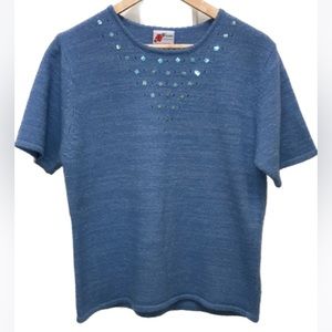 Vintage short sleeve wool Twee sweater, angora & lambswool, scoop neck, blue M